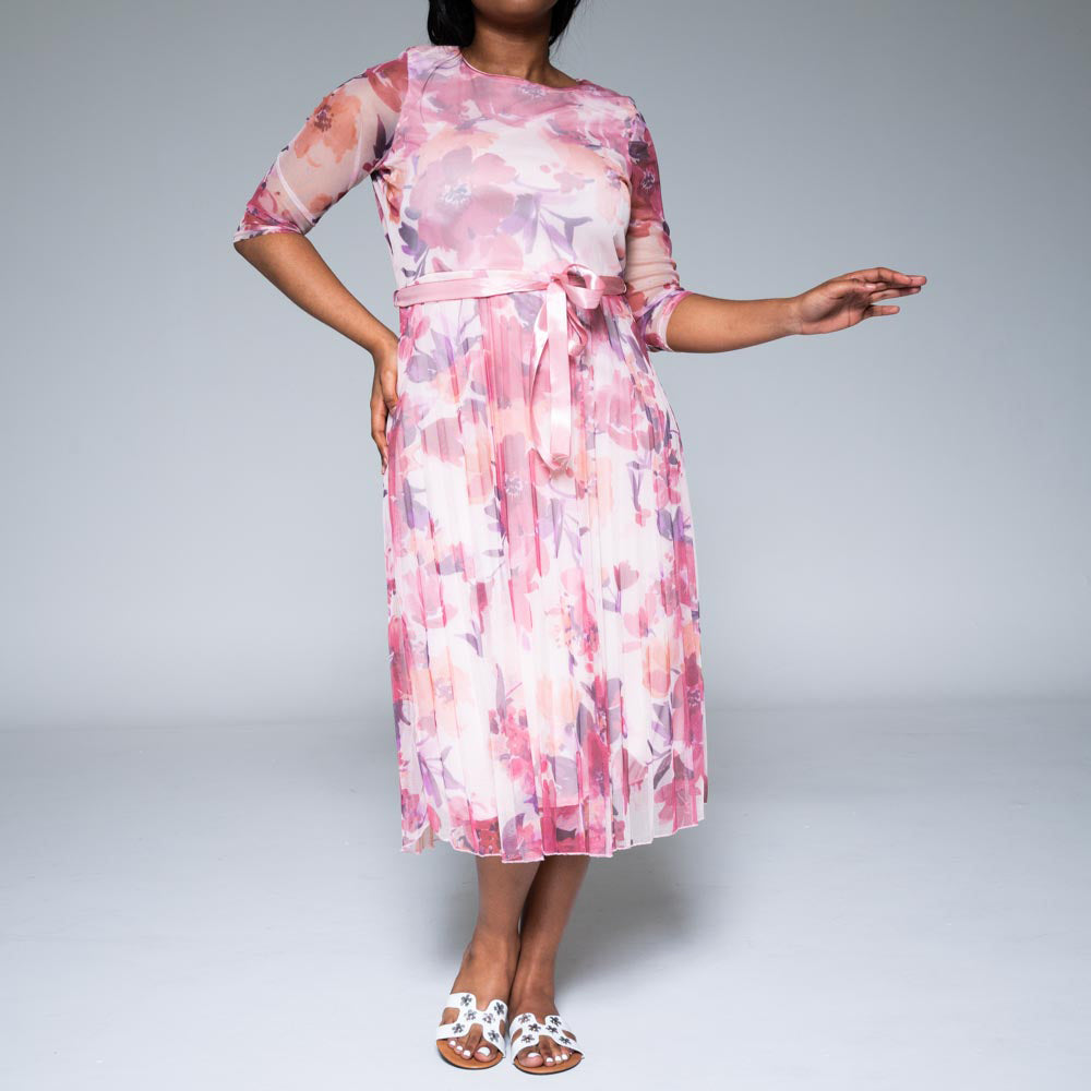 Plus Size Printed Mesh Pleated Dress