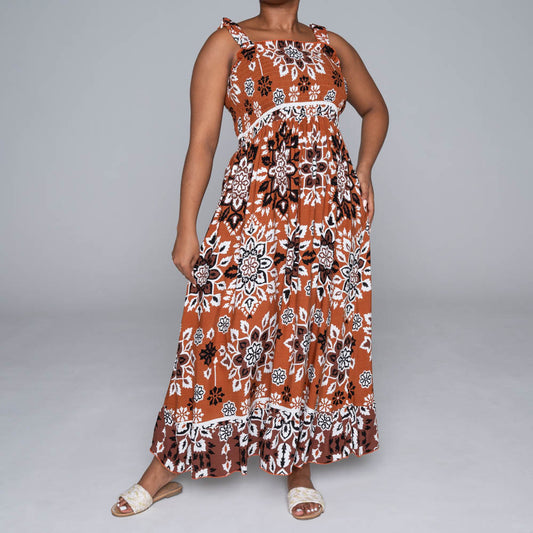 Plus Size Border Print Tiered Dress