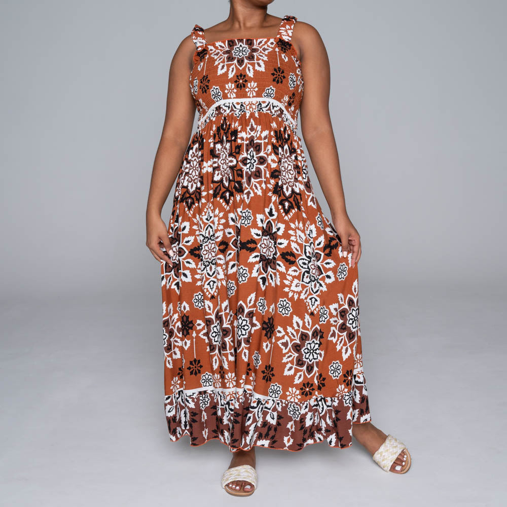 Plus Size Border Print Tiered Dress