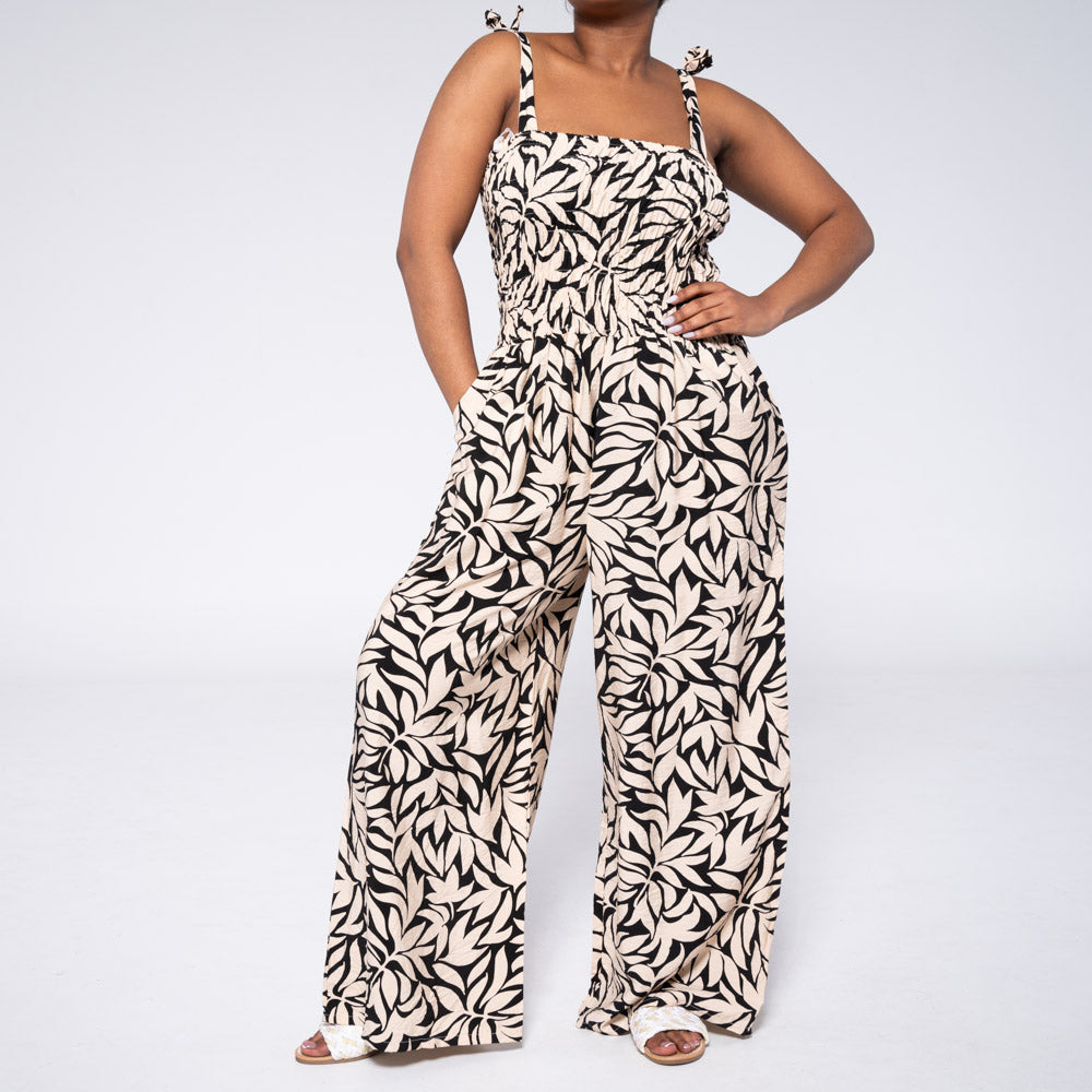 Black/Stone Smocking Edit Jumpsuit