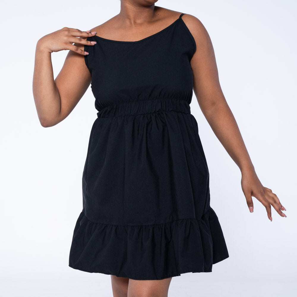 Black Strappy Poplin Tiered Dress