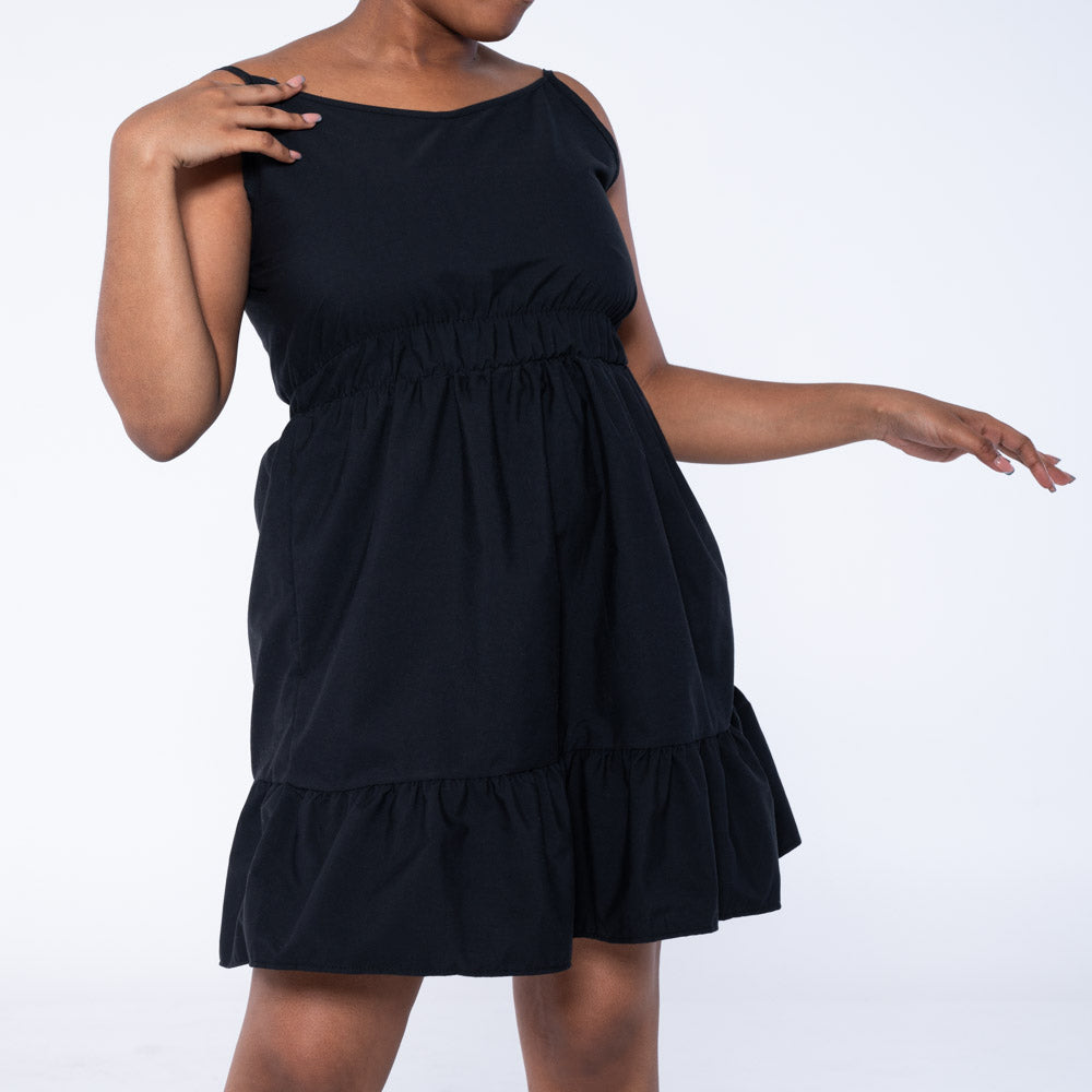 Black Strappy Poplin Tiered Dress