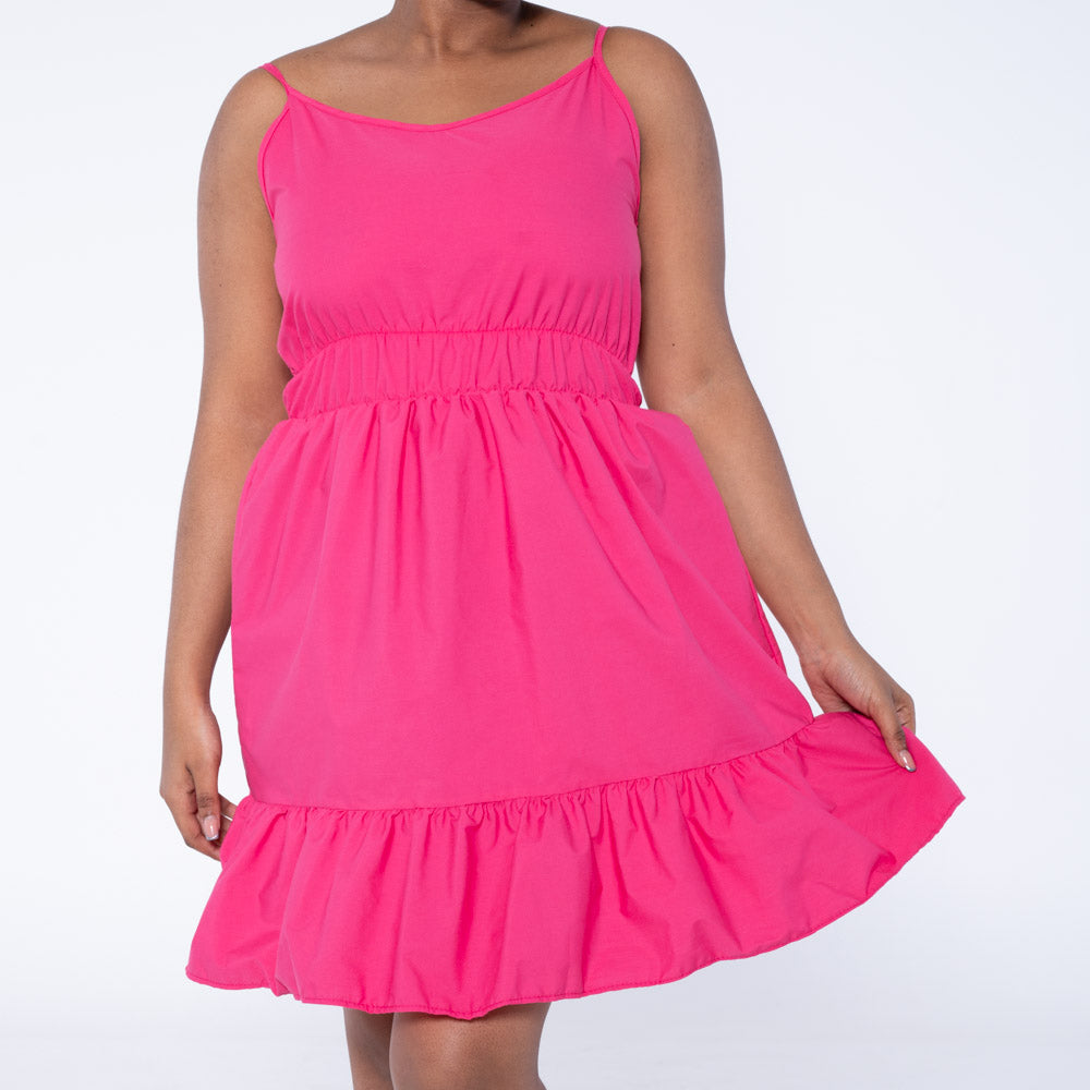 Cerise Strappy Poplin Tiered Dress