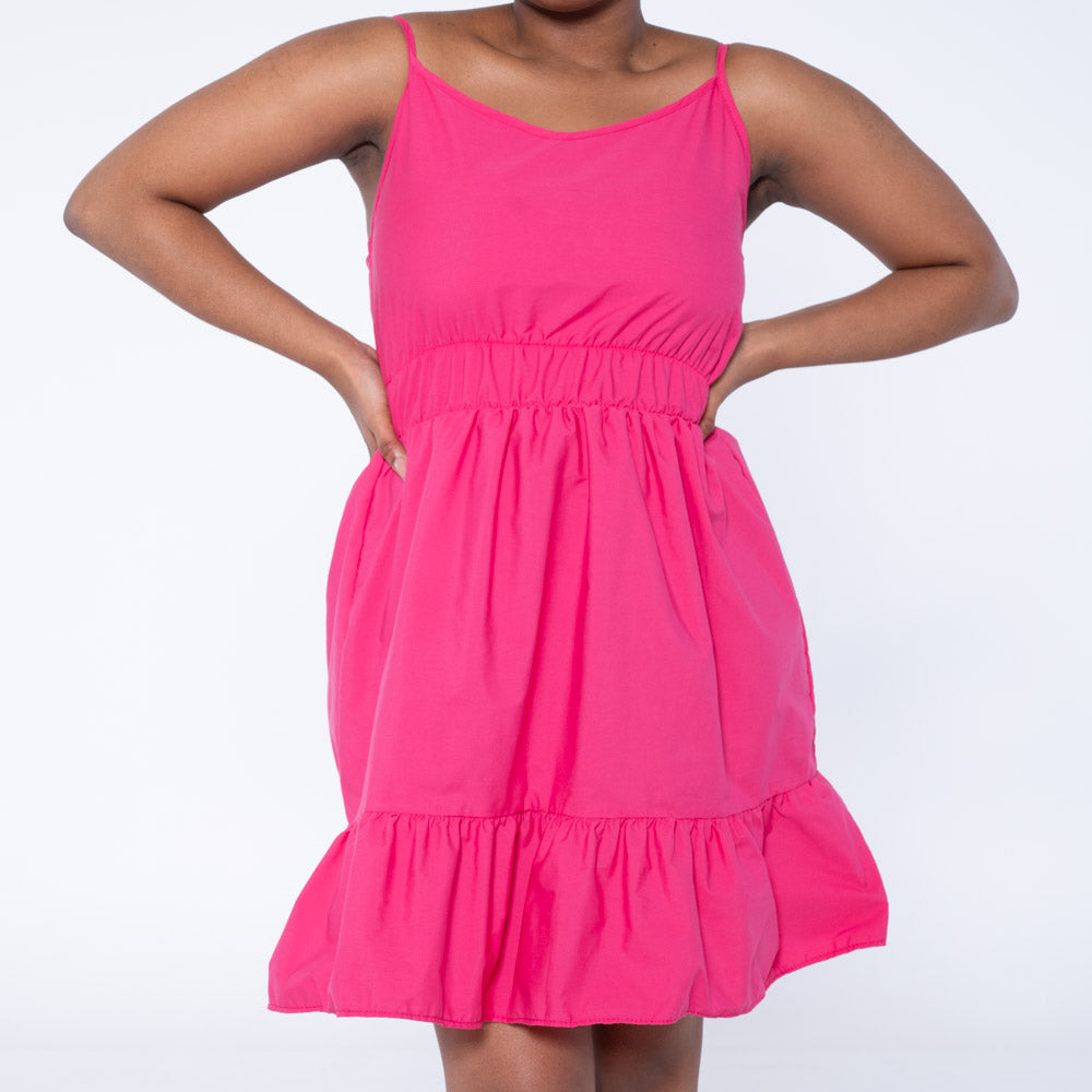 Cerise Strappy Poplin Tiered Dress