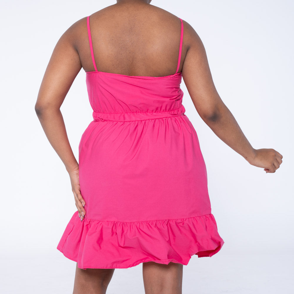 Cerise Strappy Poplin Tiered Dress