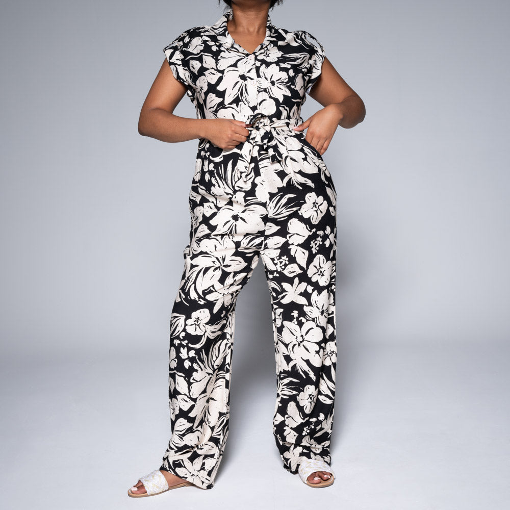 Printed Tie-Belt Jumpsuit