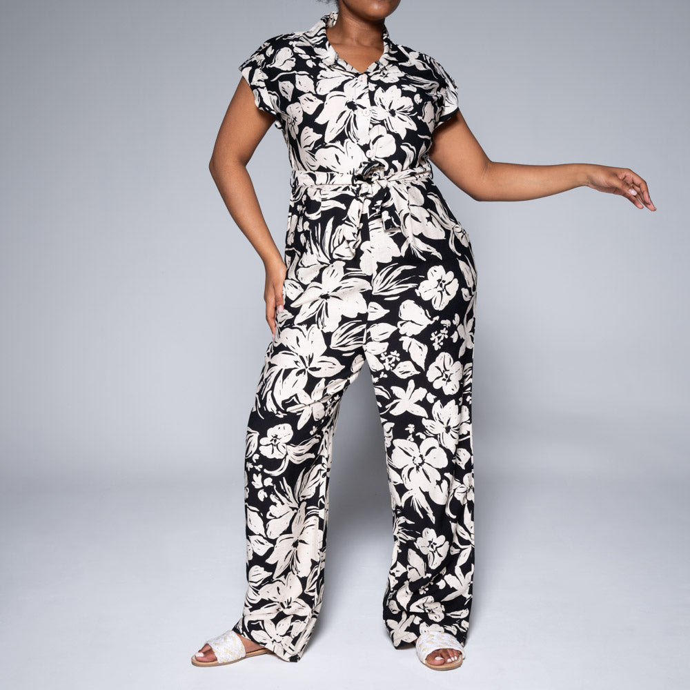 Printed Tie-Belt Jumpsuit