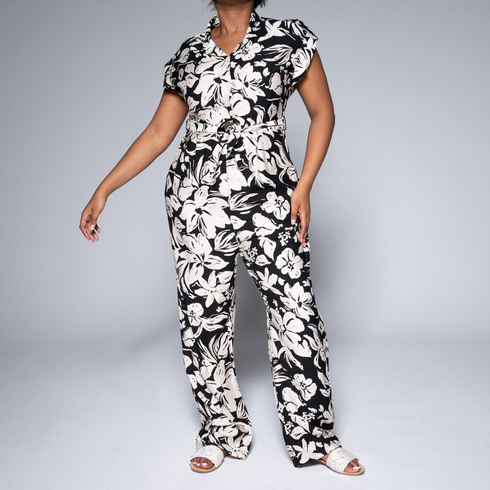 Printed Tie-Belt Jumpsuit