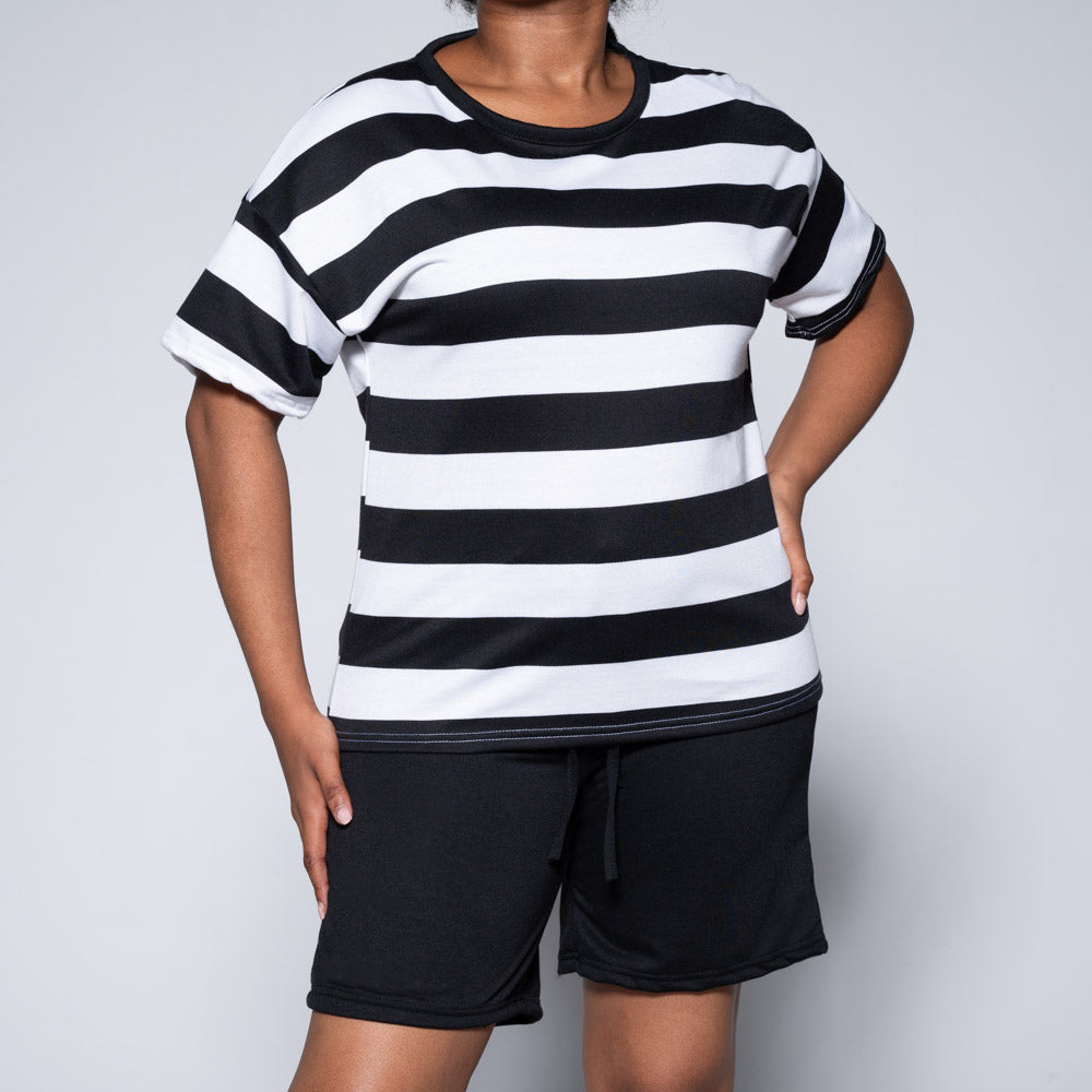 Blk/Ivory Striped Top And Shorts