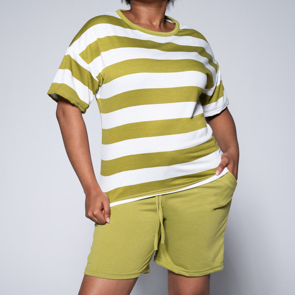 Chartreuse Striped Top And Shorts