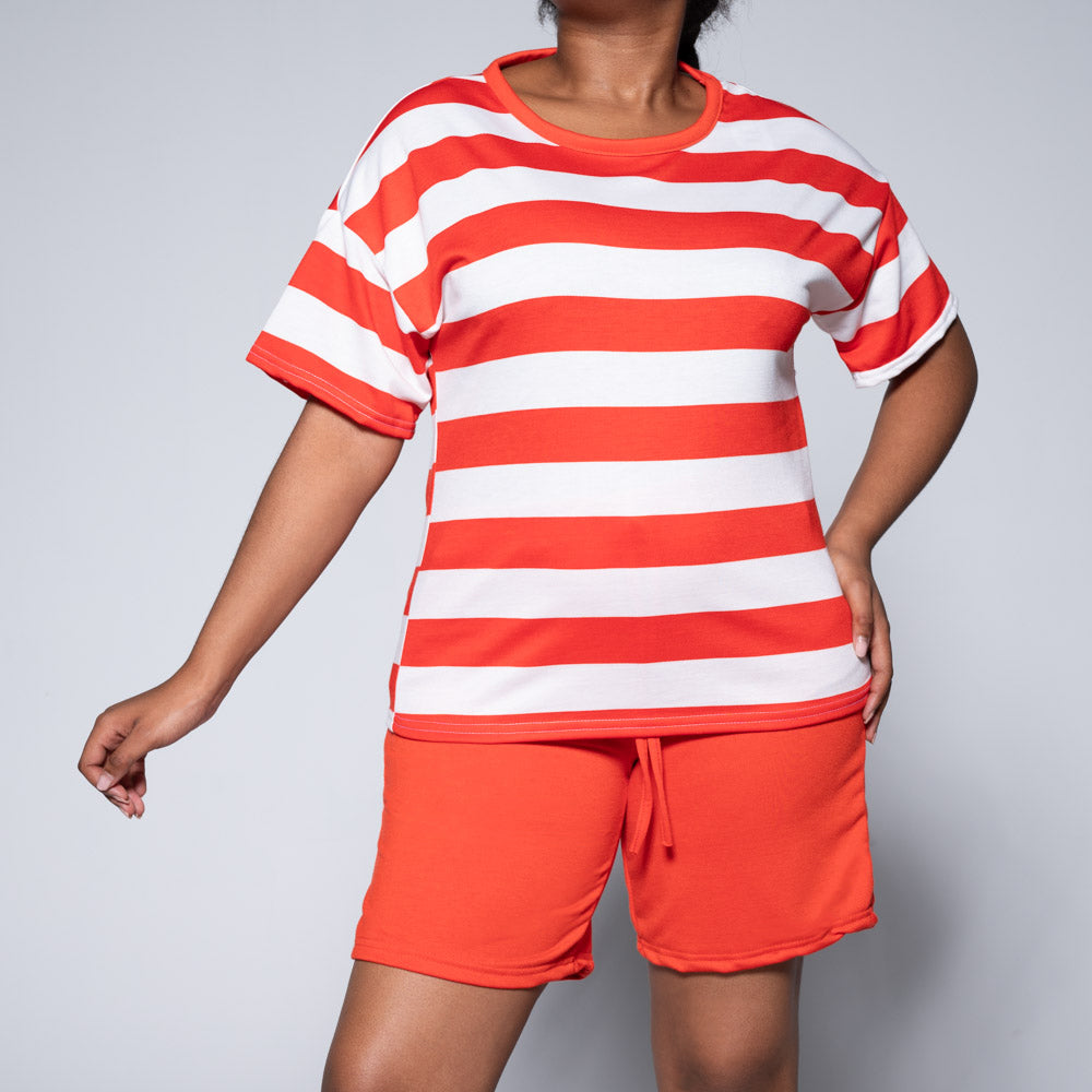 Terracotta Striped Top And Shorts