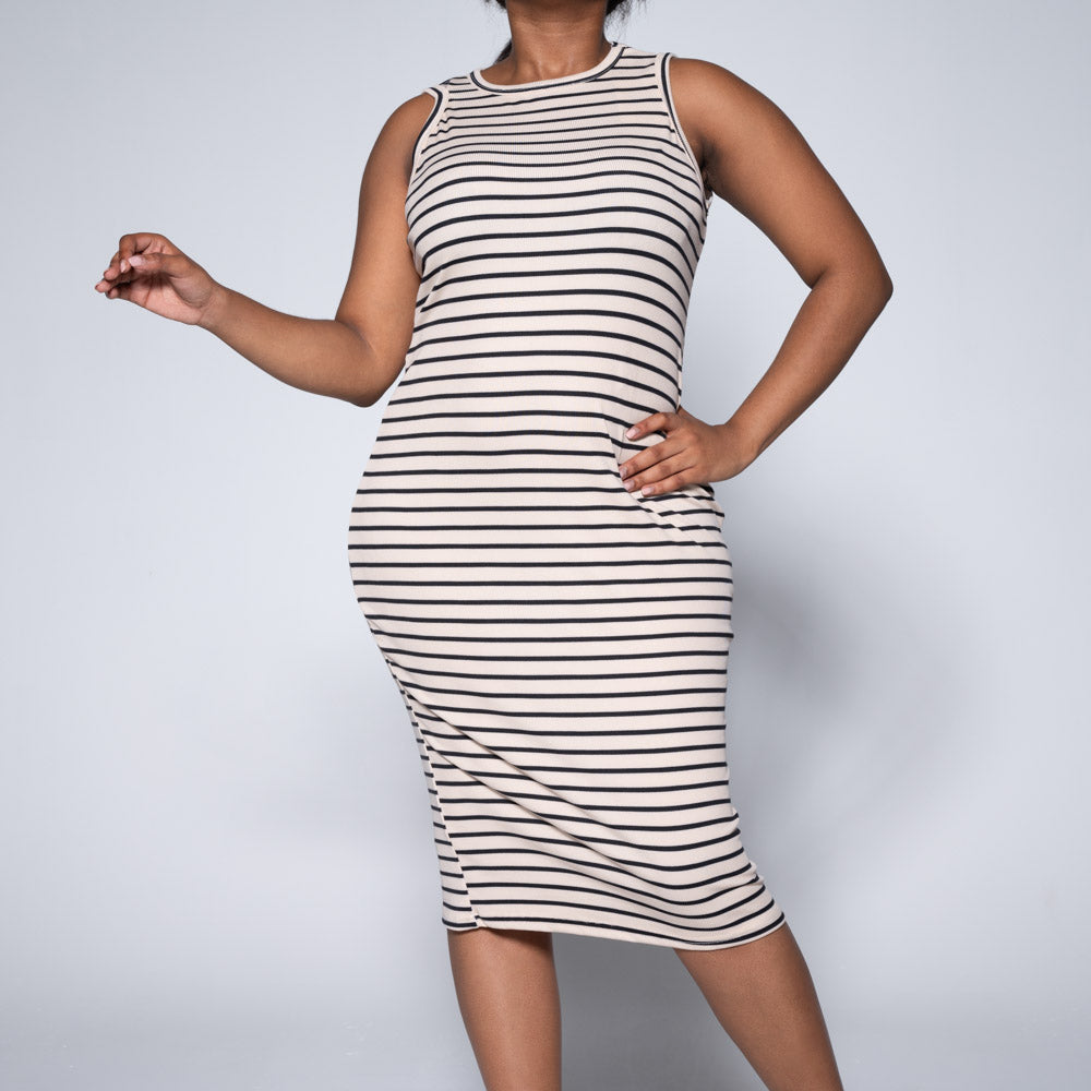 Stone/Black Sleeveless Striped Dress