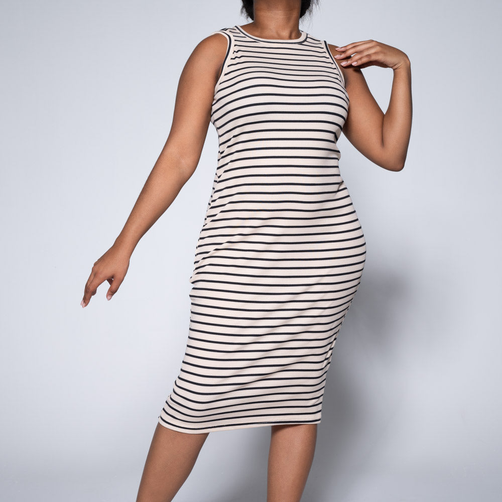 Stone/Black Sleeveless Striped Dress