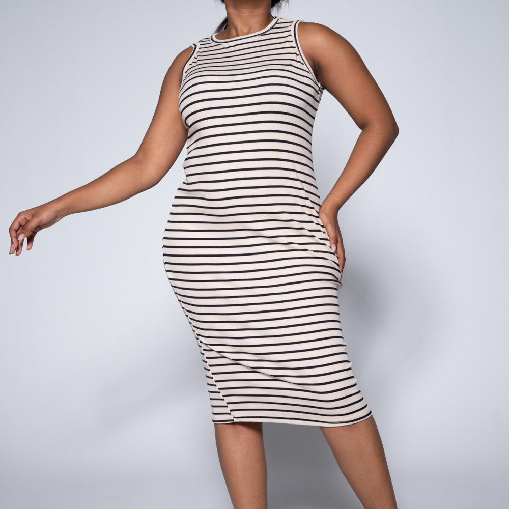 Stone/Black Sleeveless Striped Dress