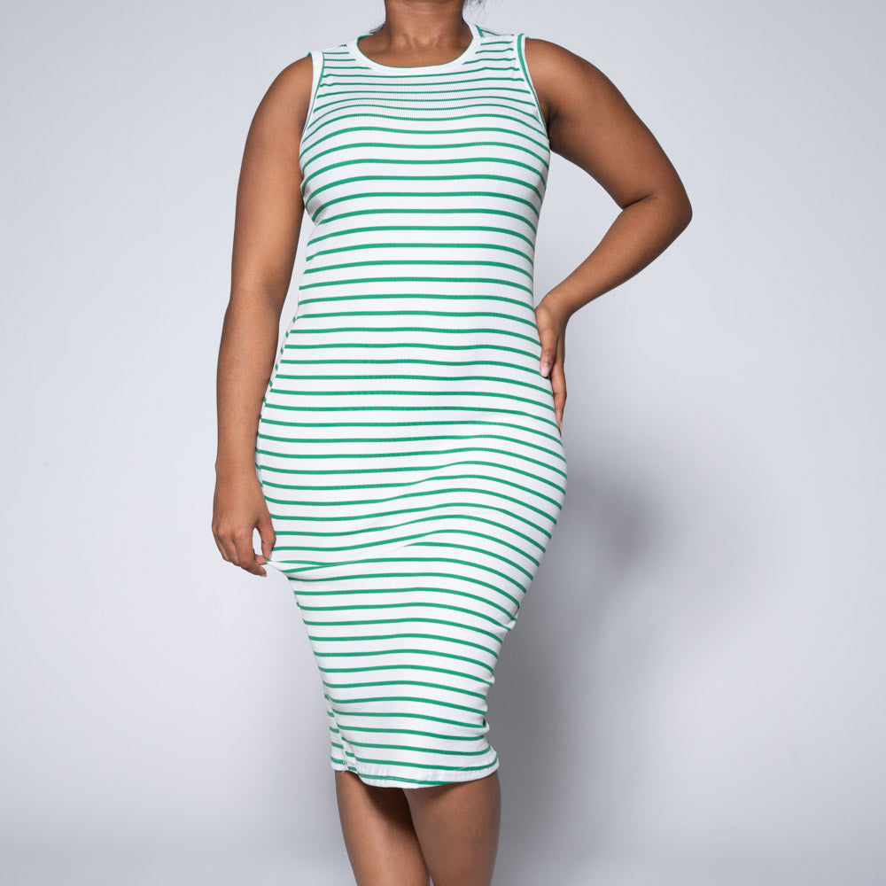 White/Green Sleeveless Striped Dress