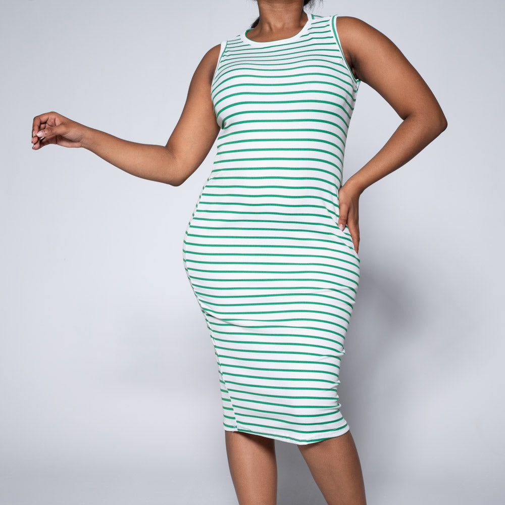 White/Green Sleeveless Striped Dress