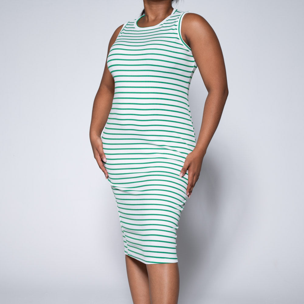 White/Green Sleeveless Striped Dress