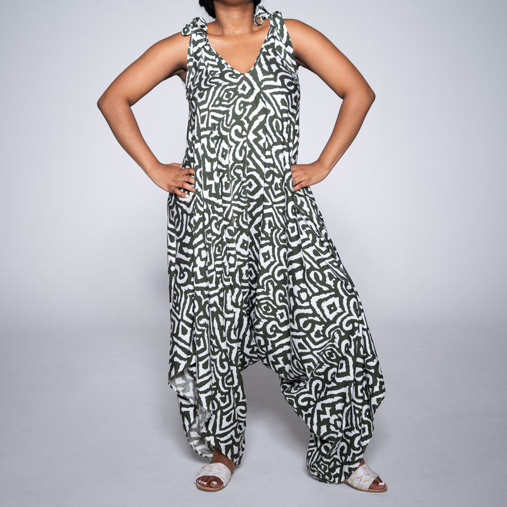 Olive/White Printed Jumpsuit