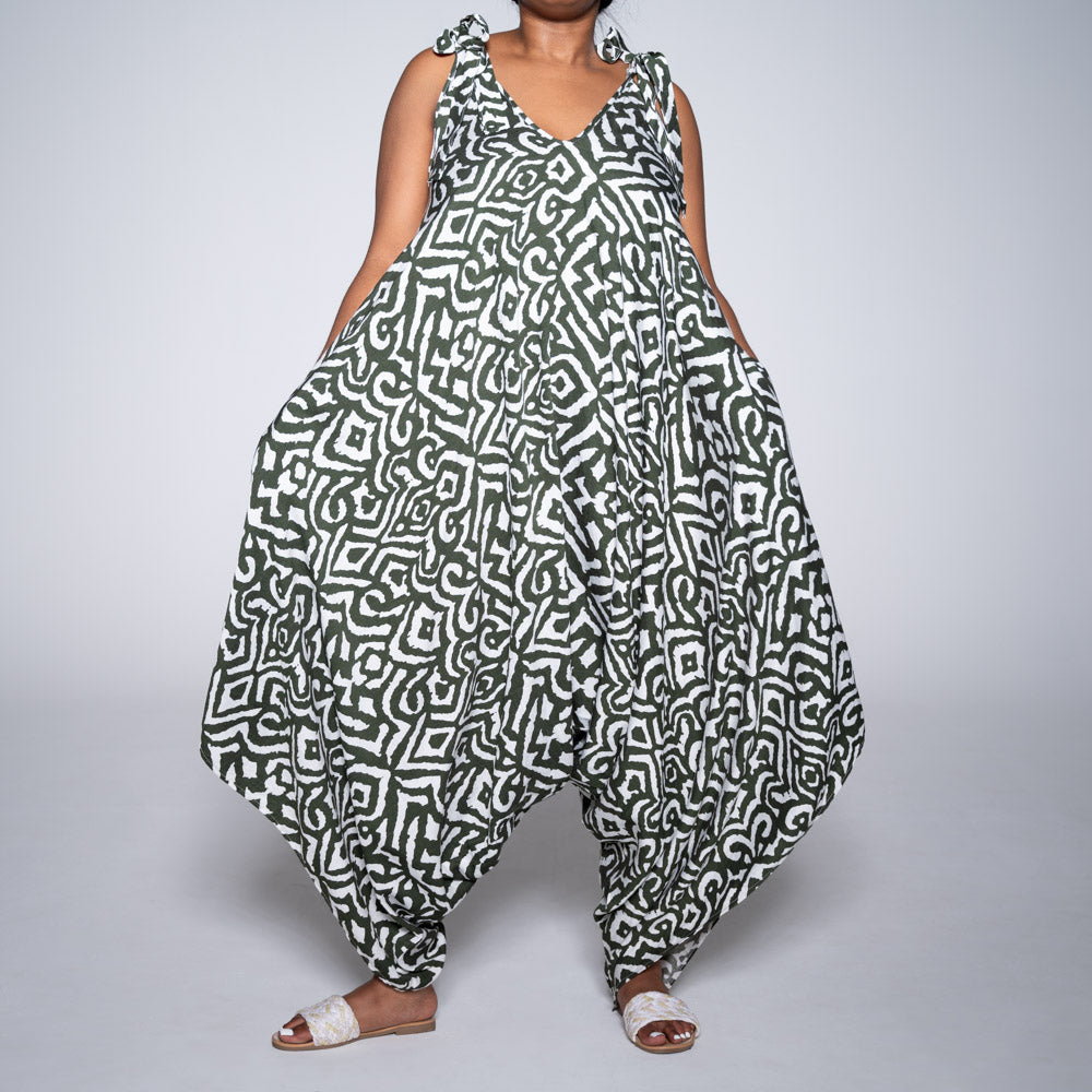 Olive/White Printed Jumpsuit