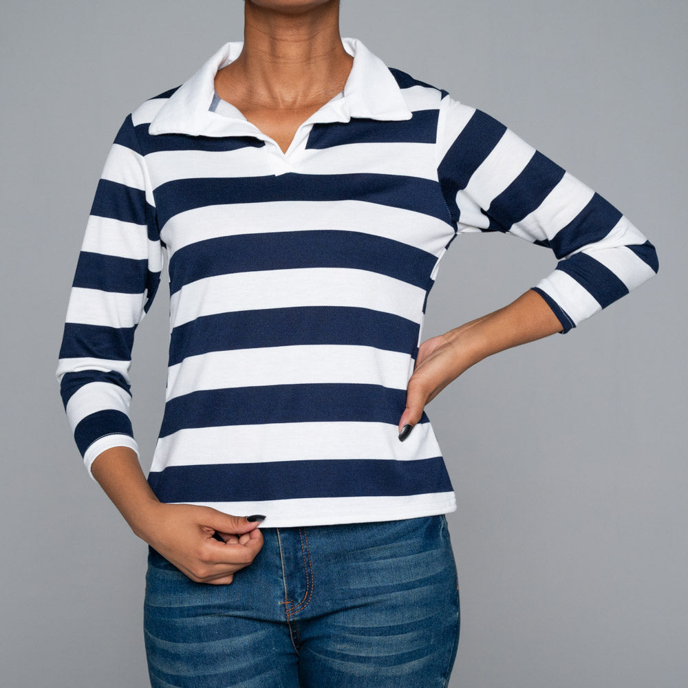 Striped Long Sleeve  Collar Edit Top