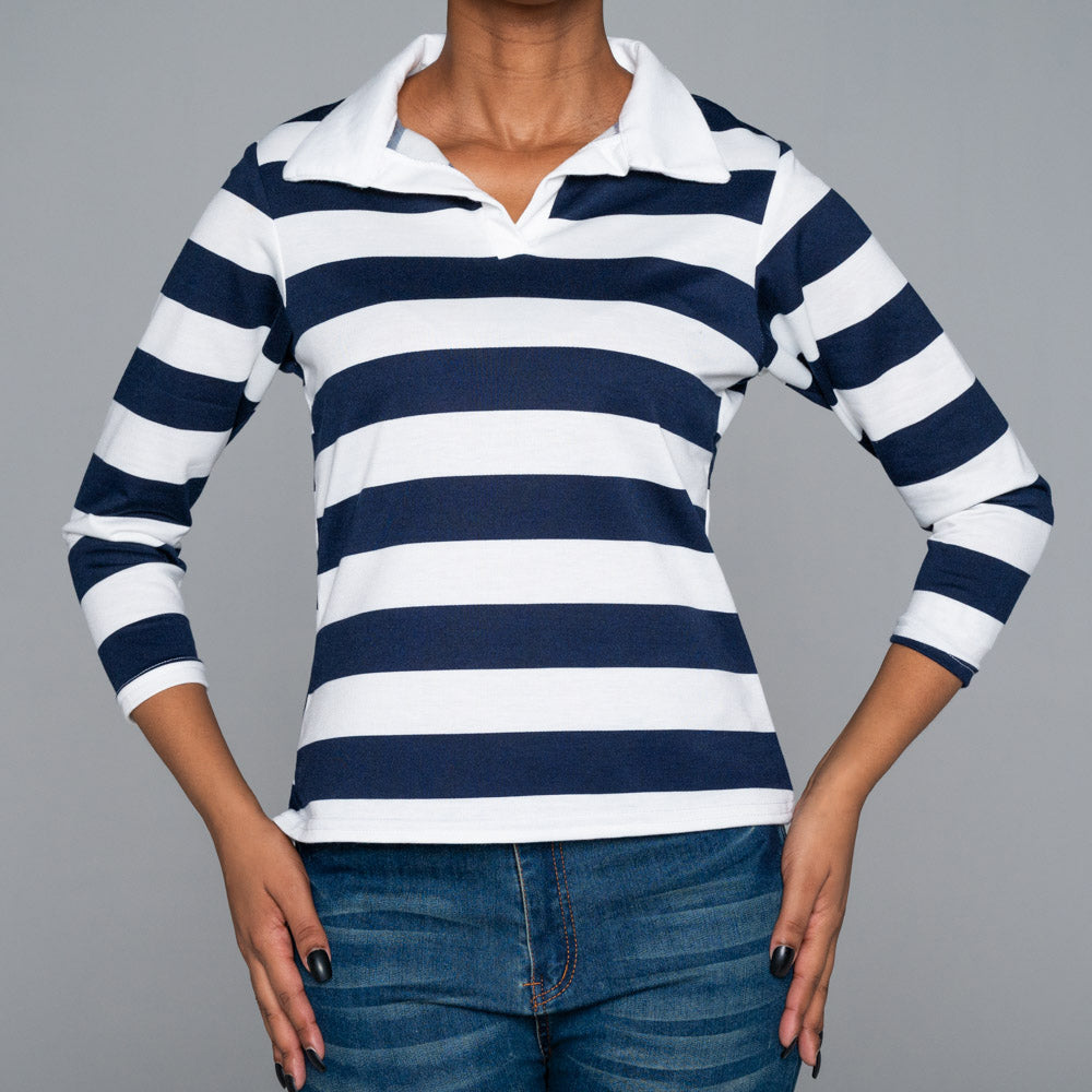 Striped Long Sleeve  Collar Edit Top