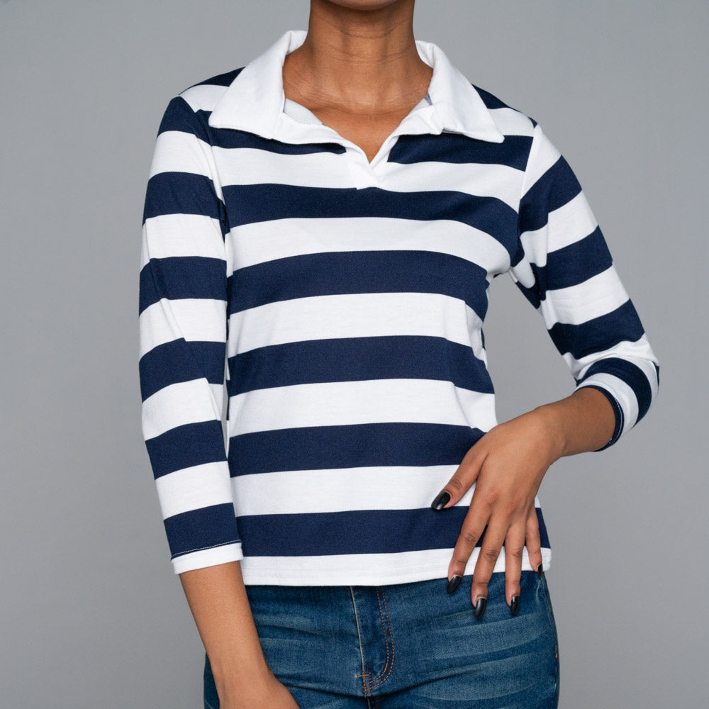 Striped Long Sleeve  Collar Edit Top