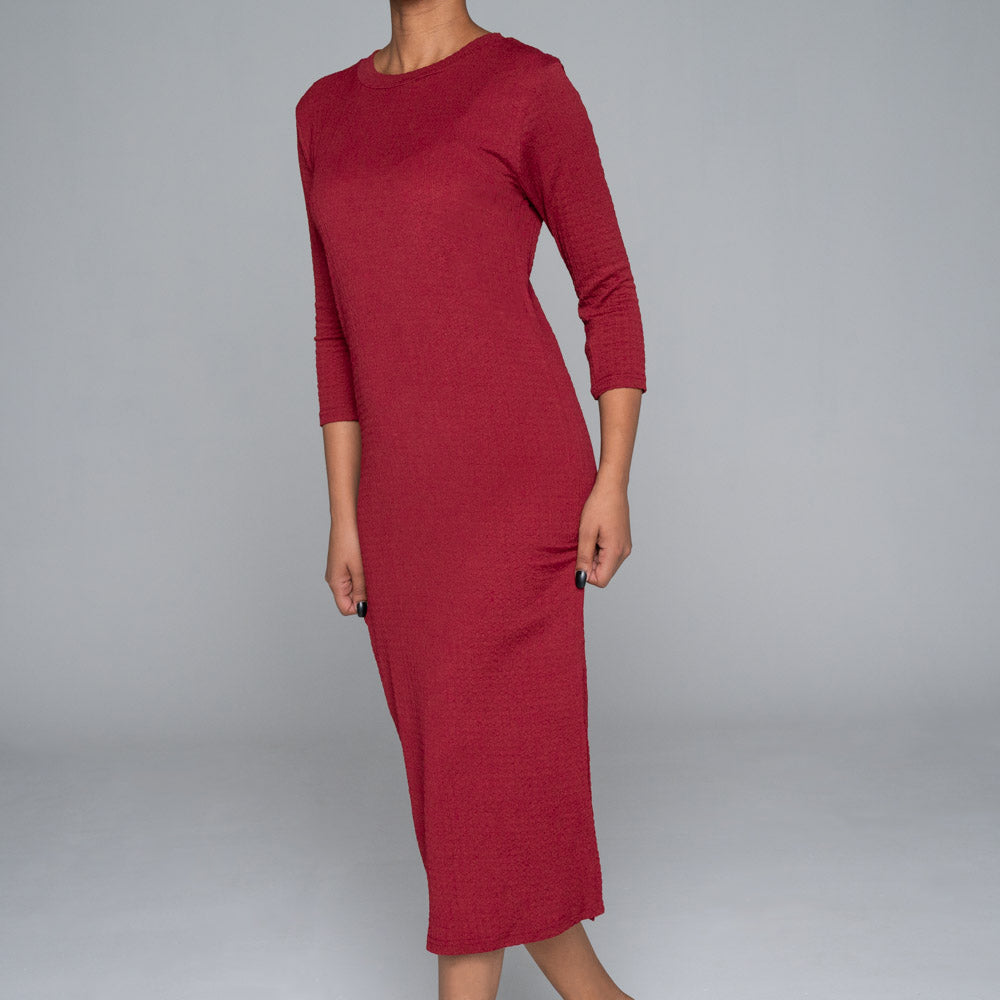 Wine Crinkle Knit Dress