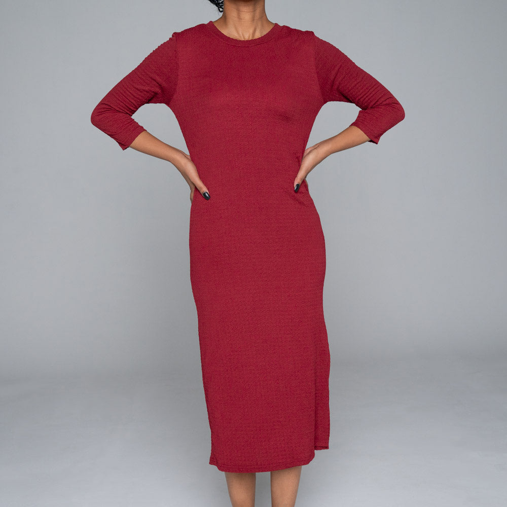 Wine Crinkle Knit Dress