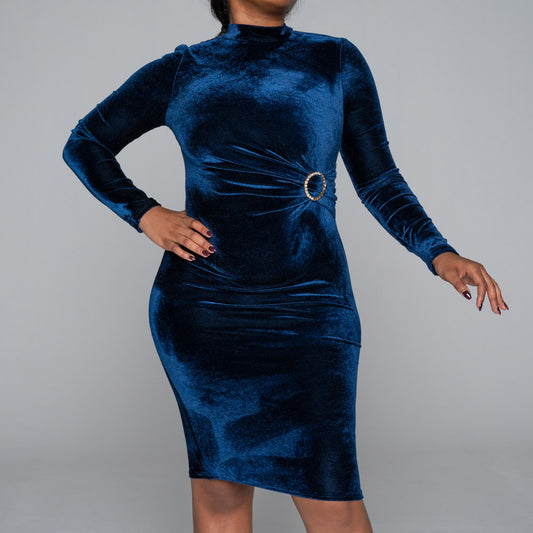 Long Sleeve Belt Detail Velour  Navy Dress