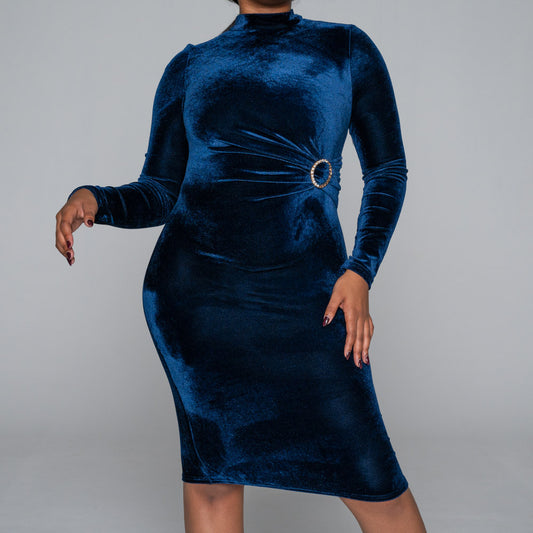 Long Sleeve Belt Detail Velour  Navy Dress