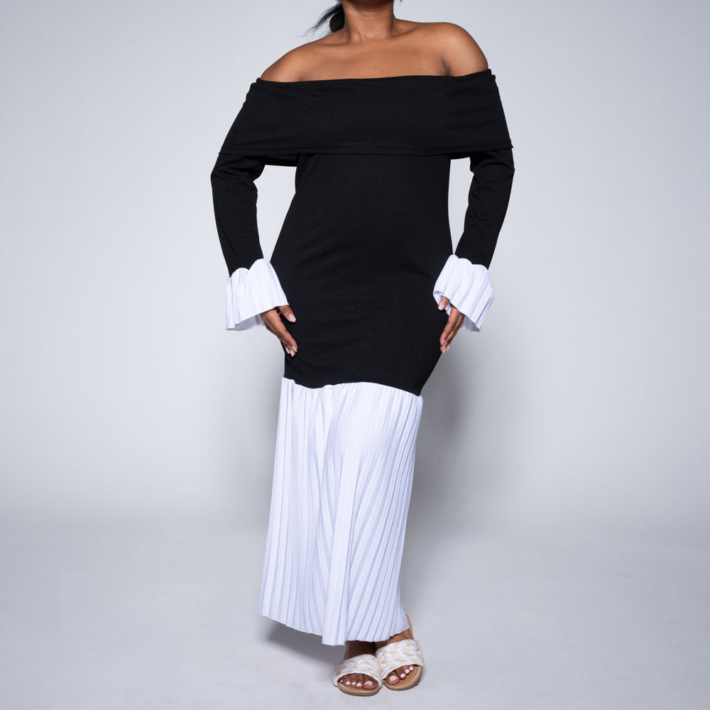 Off-Shoulder Scuba Pleated Dress