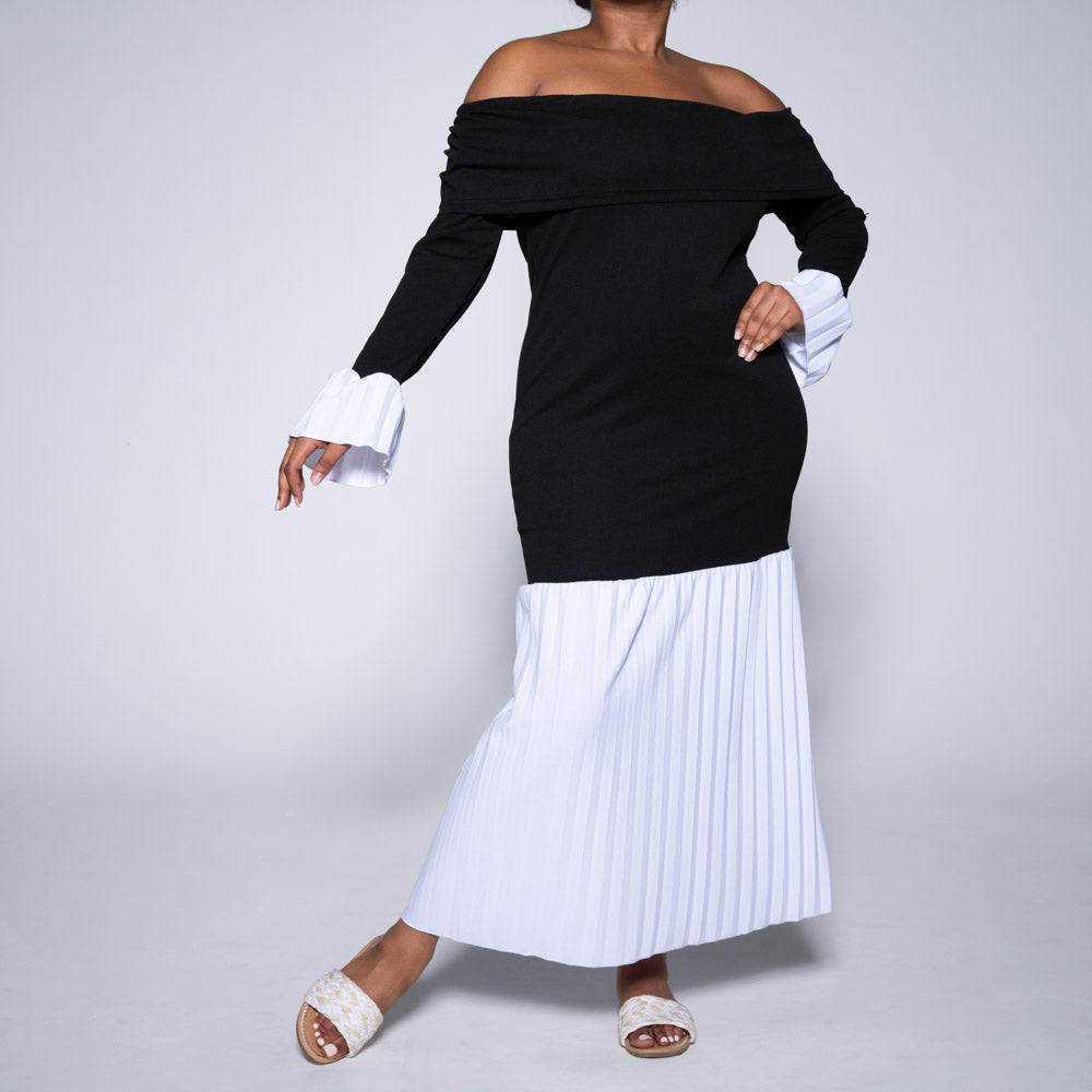 Off-Shoulder Scuba Pleated Dress