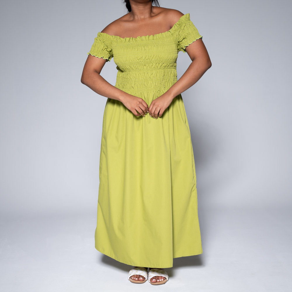 Chartreuse Poplin Smocking Dress