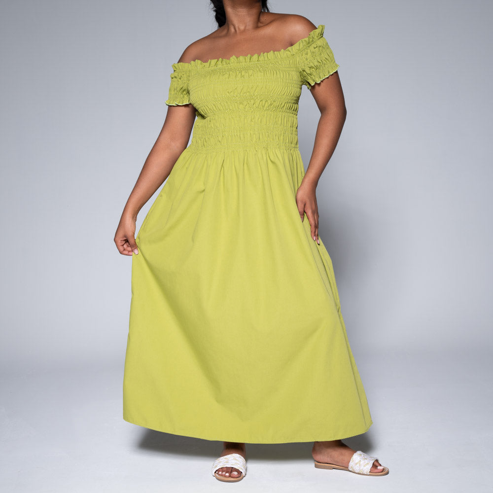 Chartreuse Poplin Smocking Dress