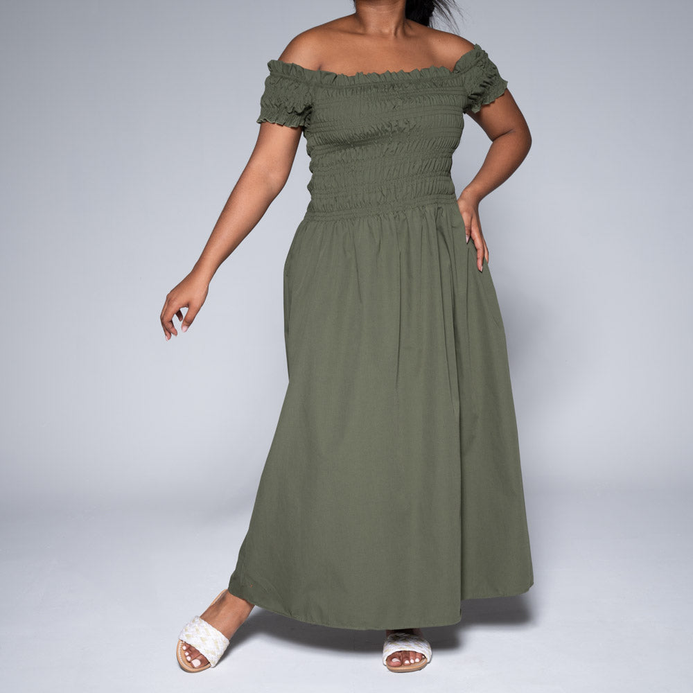 Olive Poplin Smocking Dress