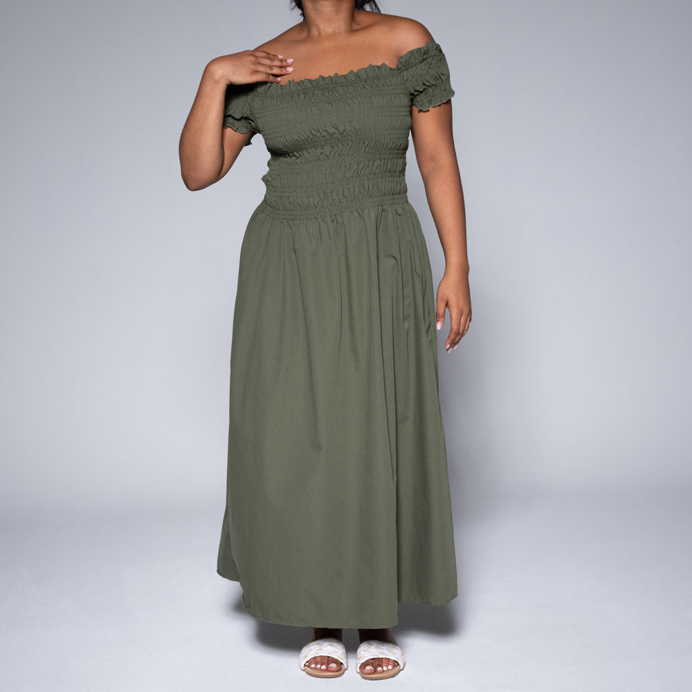 Olive Poplin Smocking Dress