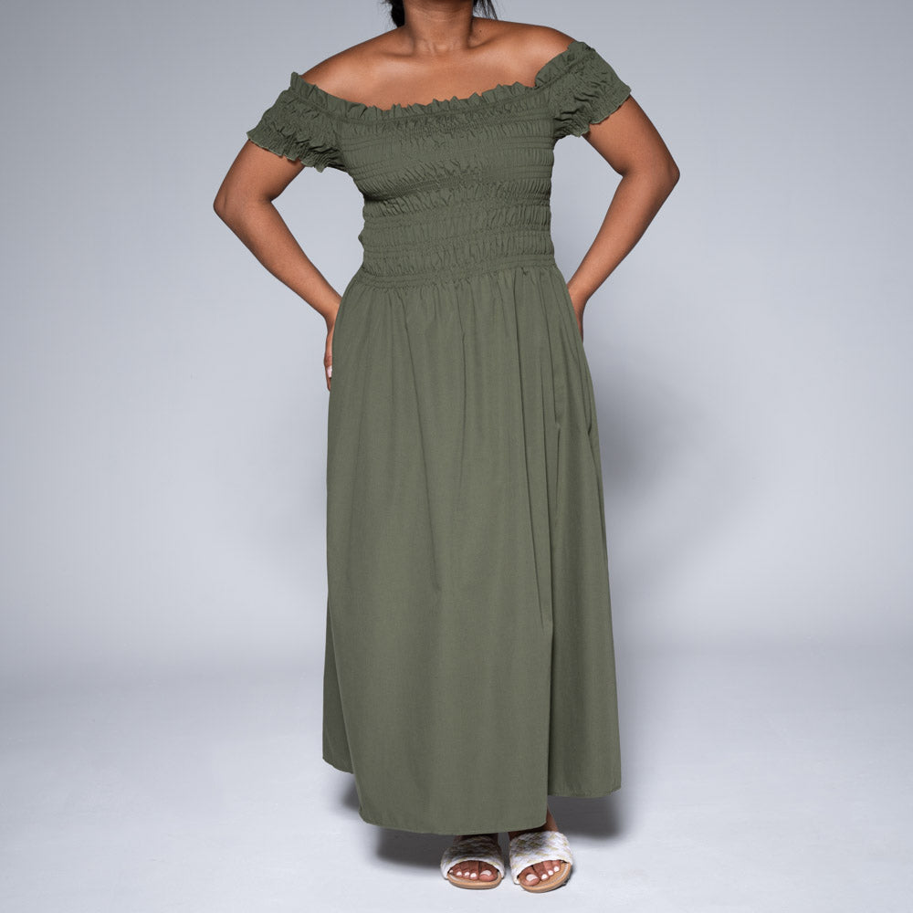 Olive Poplin Smocking Dress