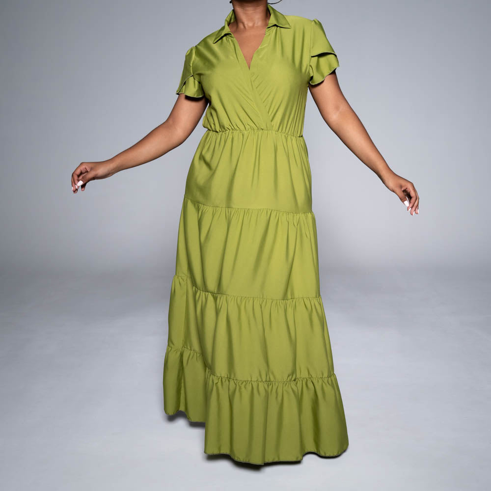 Cap Sleeve Chartreuse Tiered Dress