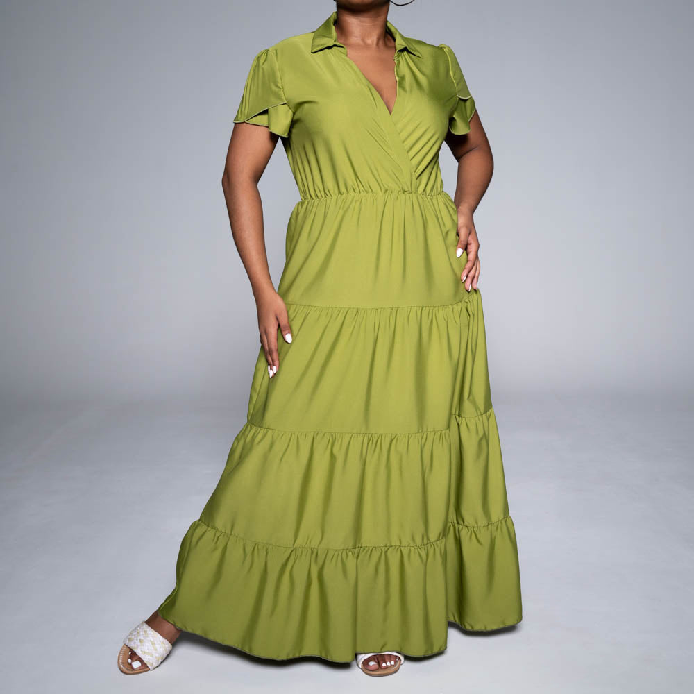 Cap Sleeve Chartreuse Tiered Dress