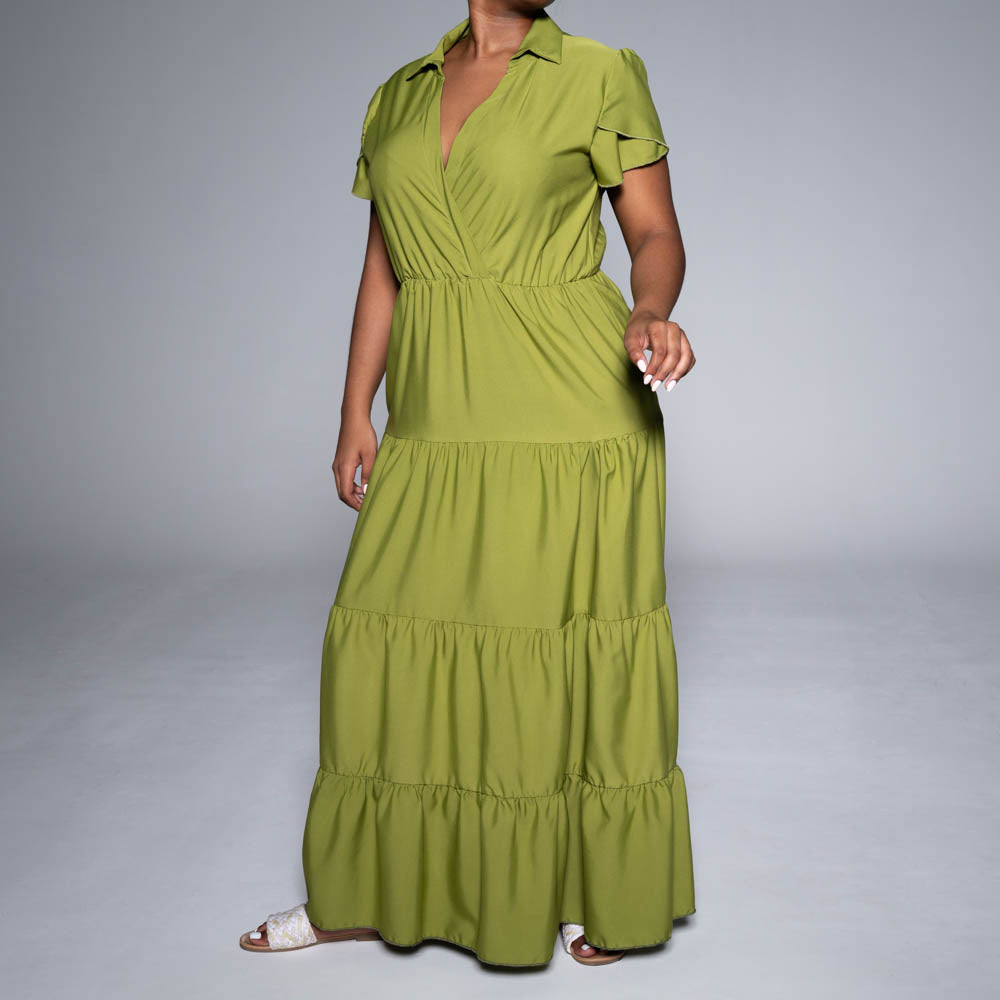 Cap Sleeve Chartreuse Tiered Dress