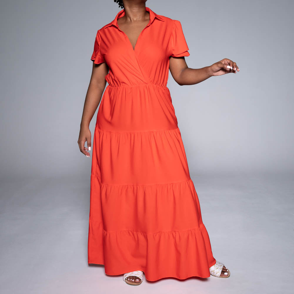 Cap Sleeve Terracotta Tiered Dress