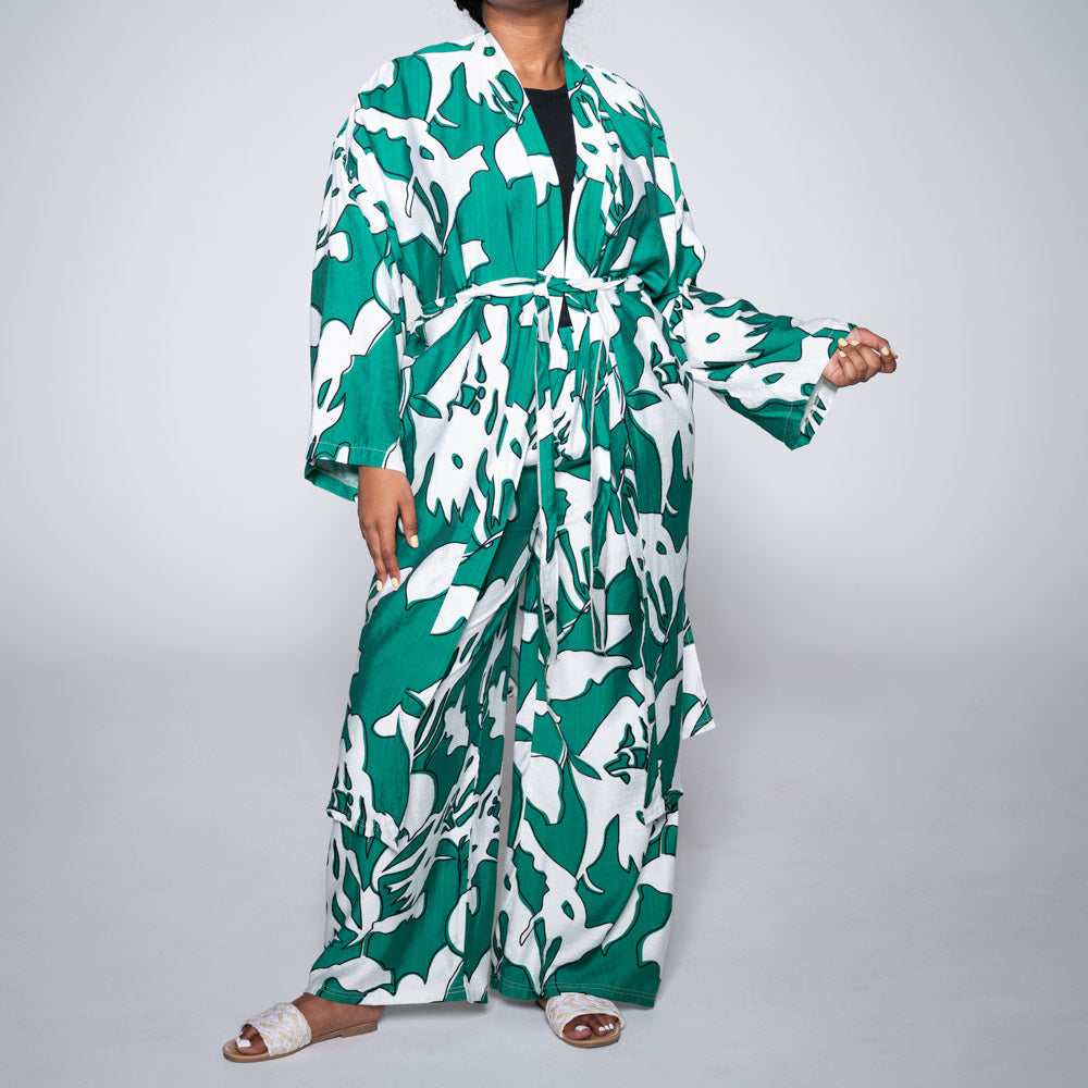 Emerald Tie-Belt Printed Kimono