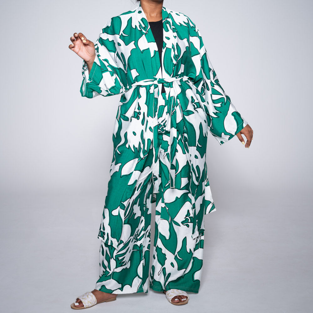 Emerald Tie-Belt Printed Kimono