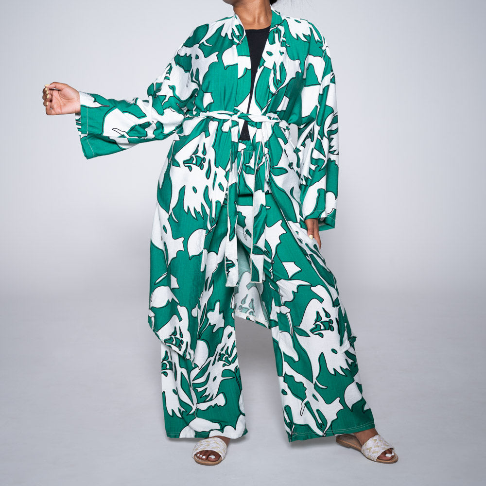 Emerald Tie-Belt Printed Kimono