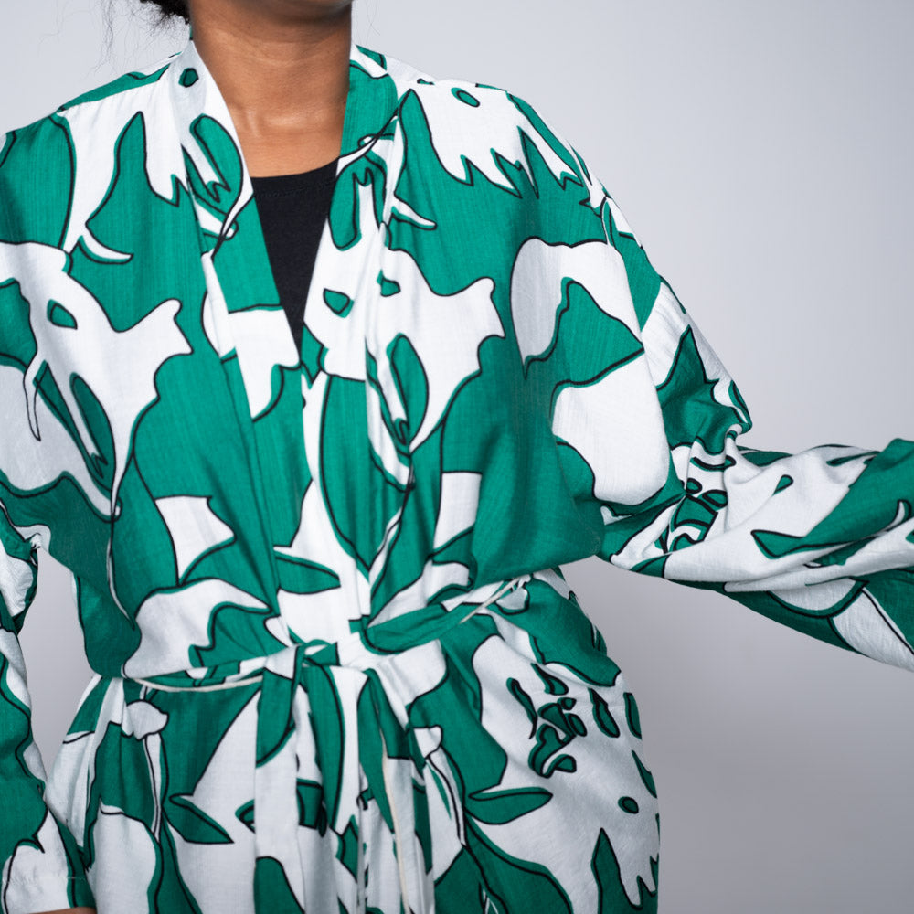 Emerald Tie-Belt Printed Kimono