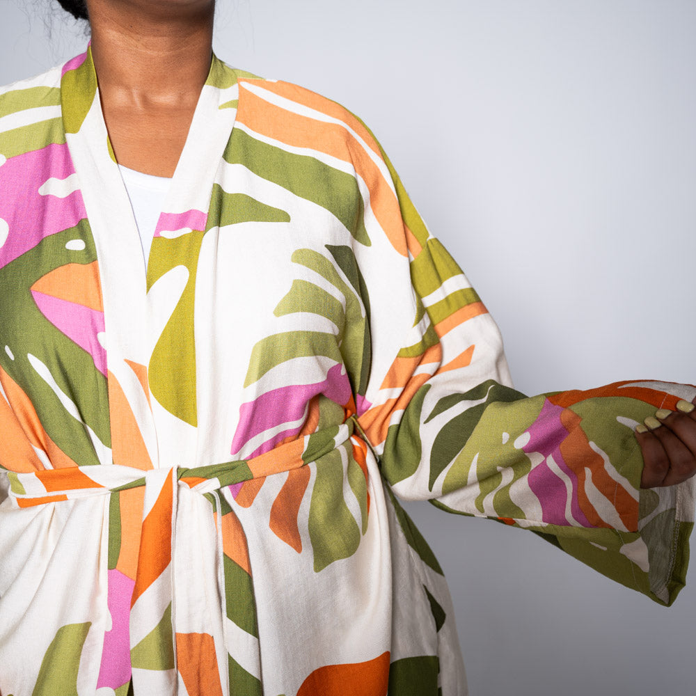 Green Tie-Belt Printed Kimono