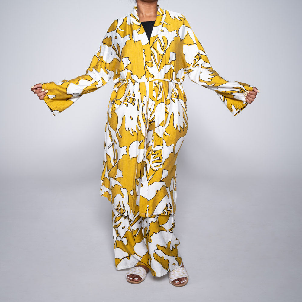 Mustard Tie-Belt Printed Kimono