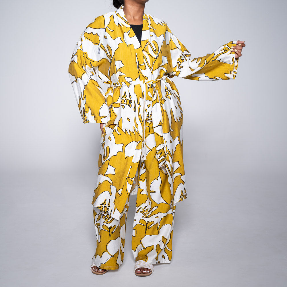 Mustard Tie-Belt Printed Kimono