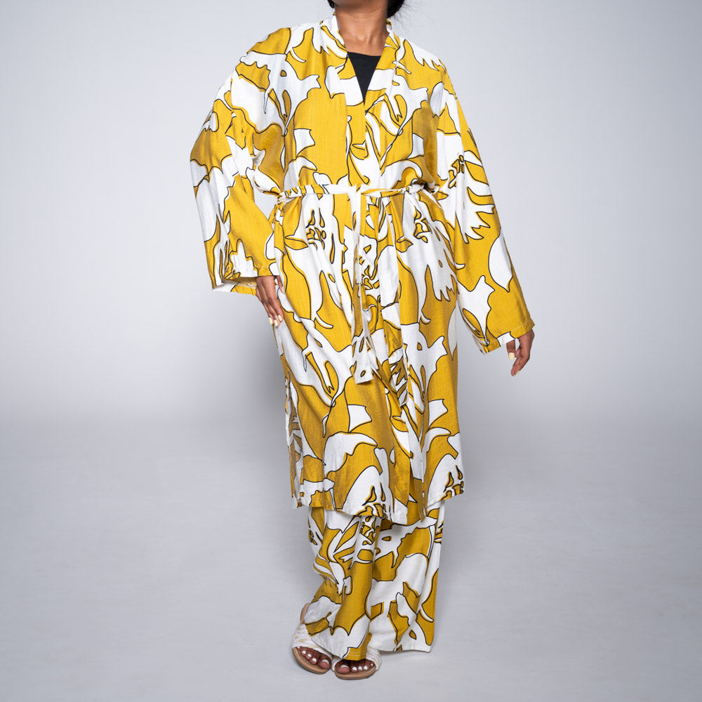 Mustard Tie-Belt Printed Kimono