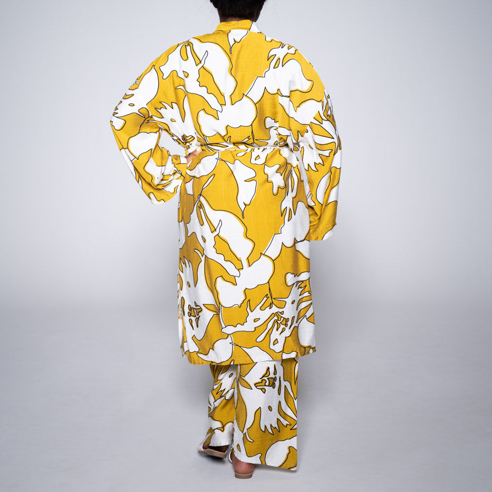 Mustard Tie-Belt Printed Kimono